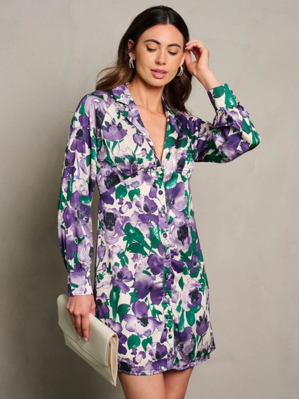 Long Sleeve V-Neck Button Up Floral Print Colored Shirt Dress - Picture 3 of 14